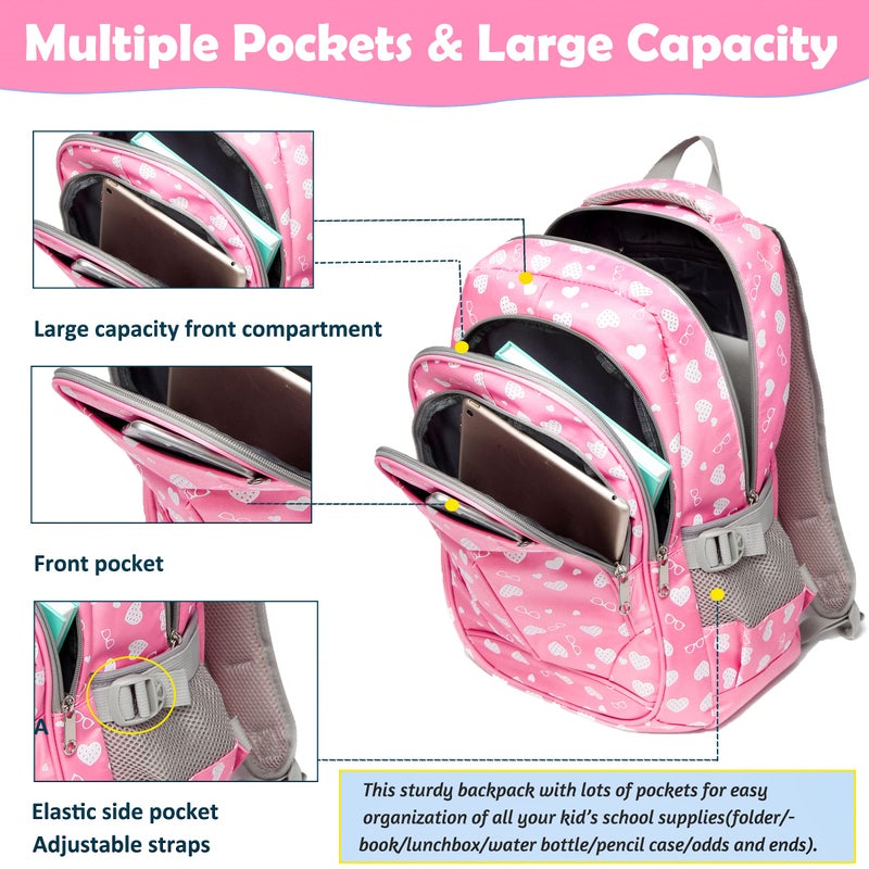 BLUEFAIRY Kids Backpacks for Girls Elementary Primary Middle School Bookbag 17 Inch for Girls Backpacks Ages 6-8 School Bag Mochilas Escolares Para NiÃƒÂ±as Heart Print Pink - Image 2